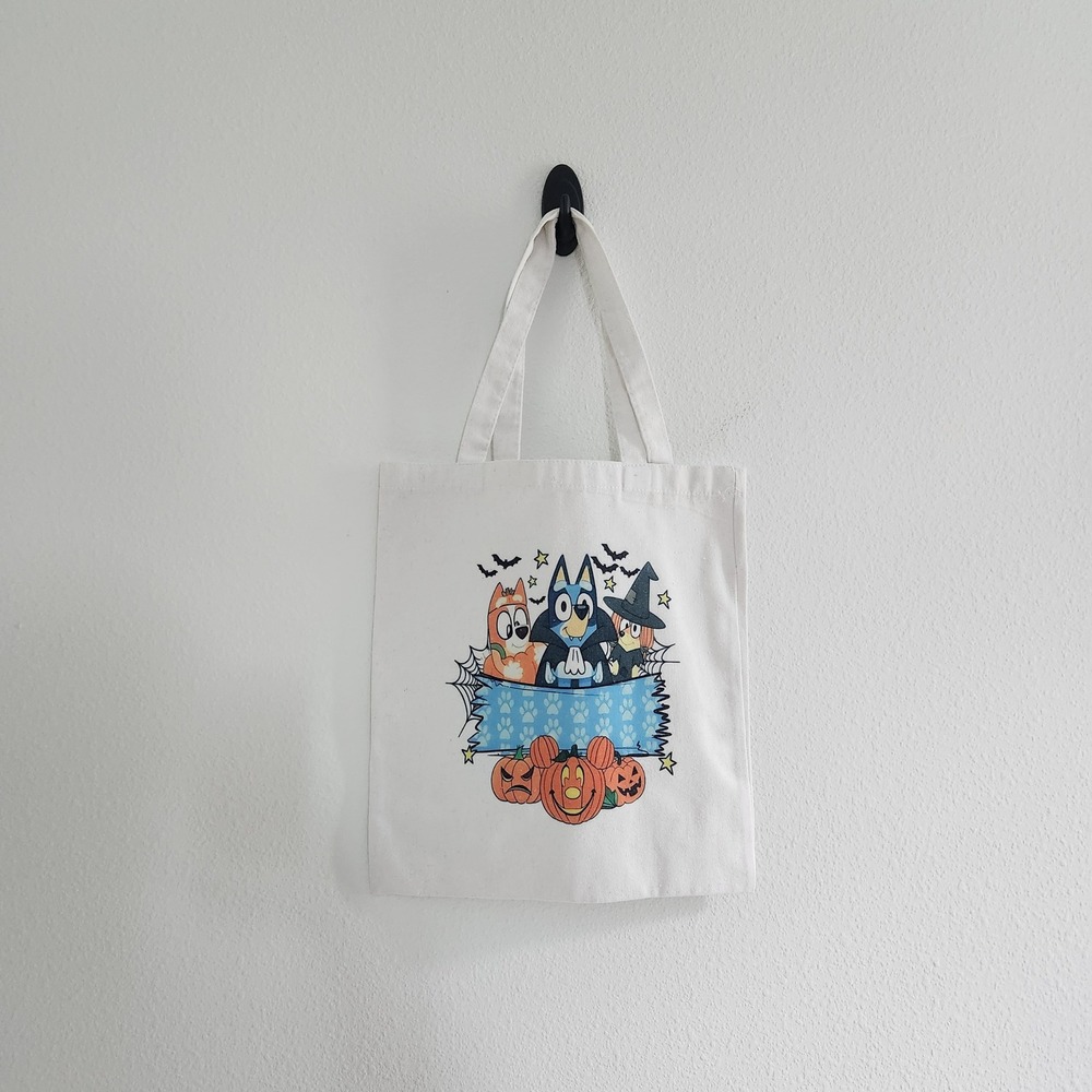 Bluey Halloween Canvas Tote Bag White Vampire Witch Pumpkin‎ Graphic Trick Treat
